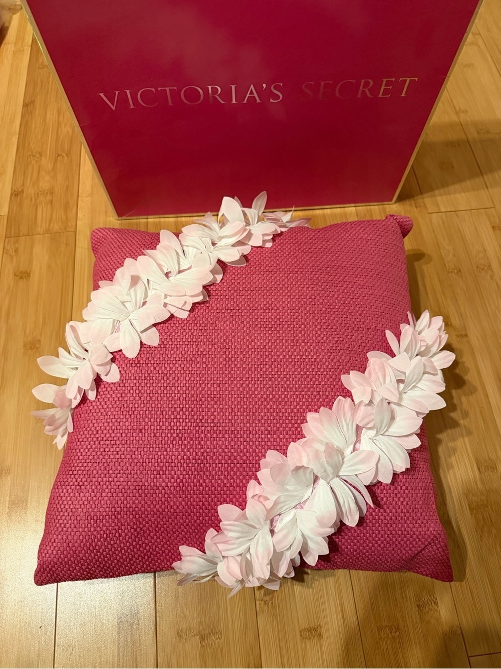 Victoria's Secret Hot Pink Pillow with White Floral Appliqué